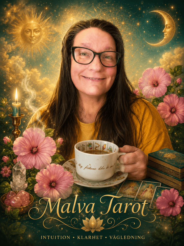 Kvinna som dricker te omgiven av malvablommor och tarotkort